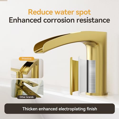 Phiestina Brushed Gold Bathroom Sink Faucet, Waterfall Widespread 3 Hole 8 Inch Brass Bathroom Faucet, with Metal Pop Up Drain and Water Supply Line, NS-WF005-BG