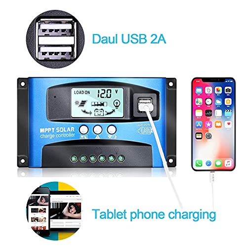 100A MPPT 36V/48V/60V Solar Charge Controller with LCD Display, Multiple Load Control Modes Dual USB MPPT Multi-Function LCD Displays Solar Charge Controller