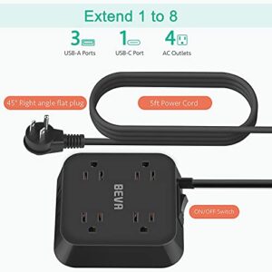 Power Strip with USB C, 4 Widely Spaced Outlets and 4 USB Ports 5 FT Extension Cord, BEVA Surge Protector Power Strip Mountable USB Power Strip 1250W/10A for College Essentials Dorm Room Essentials