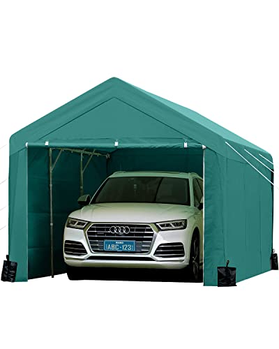 FINFREE 10 x 20 ft Heavy Duty Carport with Removable Sidewalls and Doors，Car Cnopy with 4 sandbags, Garage Shelter for Outdoor Party, Birthday, Garden, Boat, Green