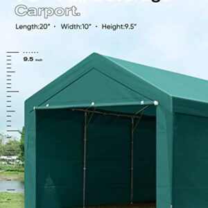 FINFREE 10 x 20 ft Heavy Duty Carport with Removable Sidewalls and Doors，Car Cnopy with 4 sandbags, Garage Shelter for Outdoor Party, Birthday, Garden, Boat, Green