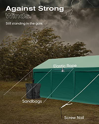 FINFREE 10 x 20 ft Heavy Duty Carport with Removable Sidewalls and Doors，Car Cnopy with 4 sandbags, Garage Shelter for Outdoor Party, Birthday, Garden, Boat, Green