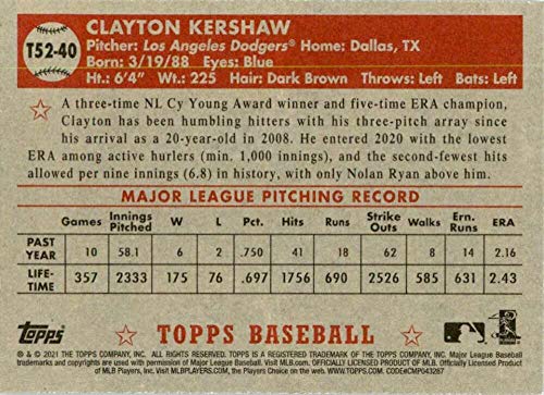 Baseball MLB 2021 Topps 1952 Topps Redux #T52-40 Clayton Kershaw NM-MT Dodgers