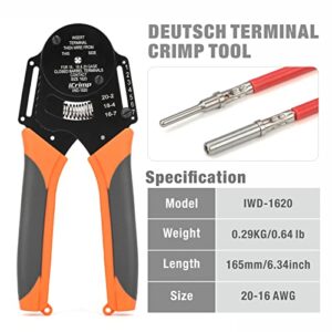 iCrimp IWD-1620 Deutsch Crimp Tool, Size 16 Deutsch Crimper, Solid Barrel Contact & Circular Connector Contacts Crimping Tool, 8 Indents Wire Crimper, AWG16 to AWG20