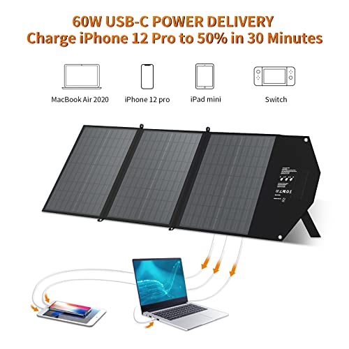 Ecosonique Foldable Solar Panel 60W with Adjustable Kickstand, Portable Solar Panel for Power Station, 18V Folding Solar Charge with 2 USB Outputs for RV Laptops Solar Generator Van Camping Off-Grid