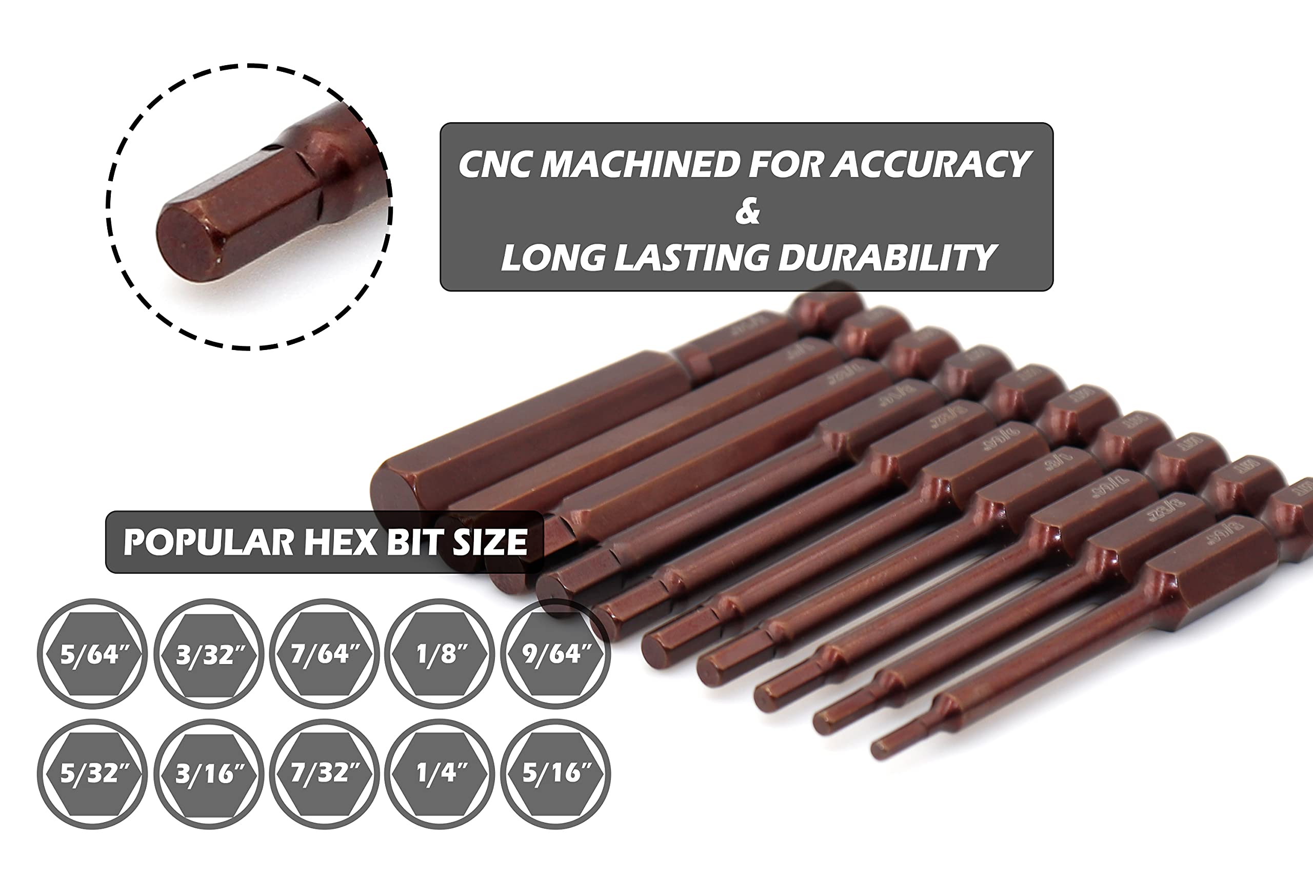 2.5" SAE HEX Bit Set | SAE Taiwan S2 Steel HEX Bit Set | SAE Hex Head Bit Set | Hex Head Allen Wrench Drill Bit Set | 10-Piece | for 1/4" Impact Driver or Drill by Milliontronic