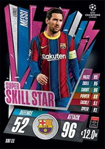 2020-21 topps uefa champions league match attax extra super skill star #ski11 lionel messi fc barcelona official ucl soccer trading card in raw (nm or better) condition