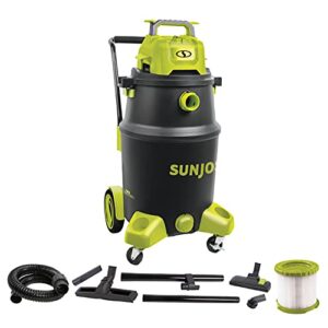 sun joe swd16000 16-gallon 1200-watt 6.5 peak hp wet/dry shop vacuum, hepa filtration, wheeled w/cleaning attachments, for home, workshops, pet hair and auto use, 16 gallon, black/green