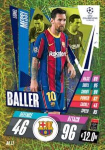 2020-21 topps uefa champions league match attax extra baller #ba11 lionel messi fc barcelona official ucl soccer trading card in raw (nm or better) condition