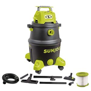 sun joe swd12000 12-gallon 1200-watt 6.5 peak hp wet/dry shop vacuum, hepa filtration, wheeled w/cleaning attachments, for home, workshops, pet hair and auto use, 12 gallon, black
