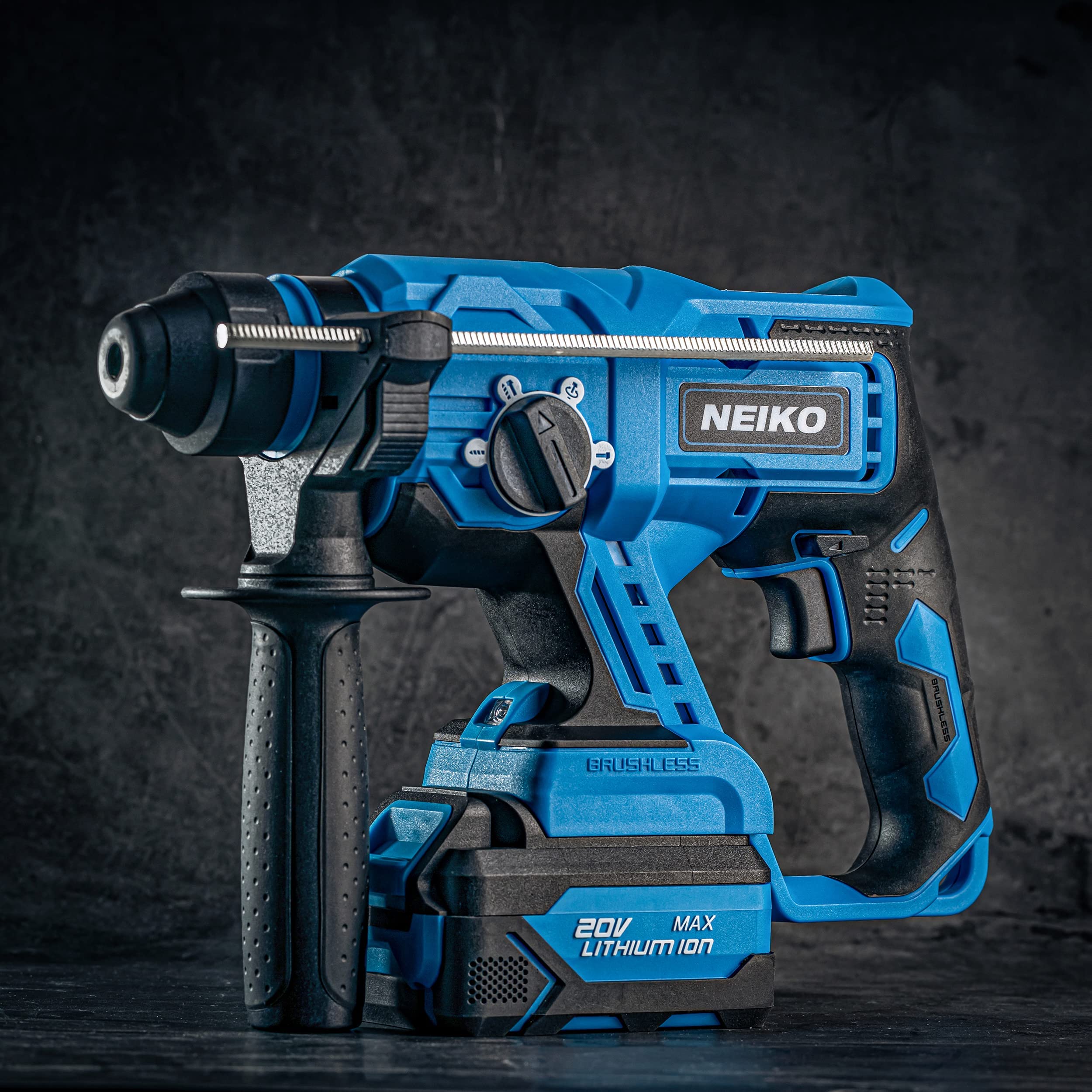 NEIKO 10882A Cordless Rotary Hammer Drill, Includes 20-Volt Li-ion Rechargeable Battery, Fast Charger, SDS Plus Hammer Drill, Heavy Duty Brushless Demolition Hammer, Cordless Hammer Drill, Rotohammer