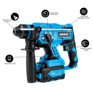 NEIKO 10882A Cordless Rotary Hammer Drill, Includes 20-Volt Li-ion Rechargeable Battery, Fast Charger, SDS Plus Hammer Drill, Heavy Duty Brushless Demolition Hammer, Cordless Hammer Drill, Rotohammer