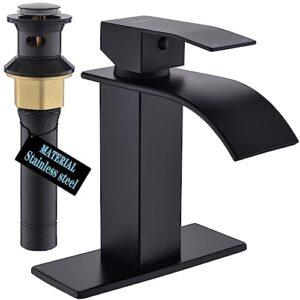 hyeastr waterfall bathroom faucet single handle bathroom sink faucet with overflow pop up drain & supply lines matte black 1 hole