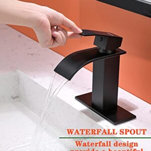 HYEASTR Waterfall Bathroom Faucet Single Handle Bathroom Sink Faucet with Overflow Pop Up Drain & Supply Lines Matte Black 1 Hole
