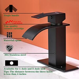 HYEASTR Waterfall Bathroom Faucet Single Handle Bathroom Sink Faucet with Overflow Pop Up Drain & Supply Lines Matte Black 1 Hole