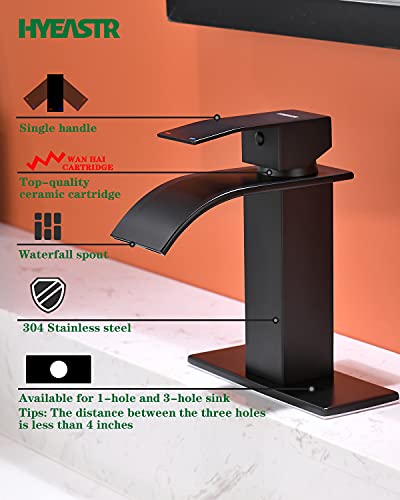 HYEASTR Waterfall Bathroom Faucet Single Handle Bathroom Sink Faucet with Overflow Pop Up Drain & Supply Lines Matte Black 1 Hole