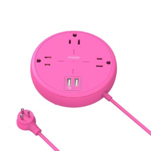 pink power strip with usb ports, mountable flat plug extension cord with 3 widely spaced outlets, 2 usb charger 5 ft power cord, compact size charging station for beauty room bedroom home office