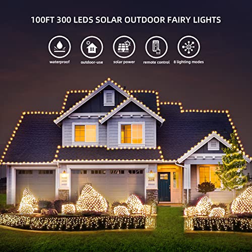 SUNILLUMA Outdoor Solar Fairy Lights - 300 LED 100FT Strong PVC Wire with 8 Functions by Remote, Waterproof, Warm White Lights and Transparent Wire, Great for Party, Garden and Holiday Decoration