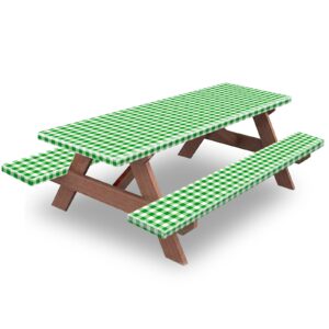 picnic table and bench fitted tablecloth cover, 3 pack set, kenobee flannel backing elastic edge waterproof wipeable plastic cover fitted vinyl tablecloth for home goods outdoor patio,green-white