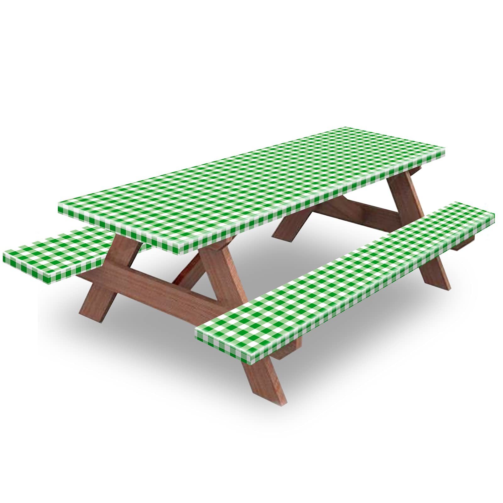 Picnic Table and Bench Fitted Tablecloth Cover, 3 Pack Set, KENOBEE Flannel Backing Elastic Edge Waterproof Wipeable Plastic Cover Fitted Vinyl Tablecloth for Home Goods Outdoor Patio,Green-White