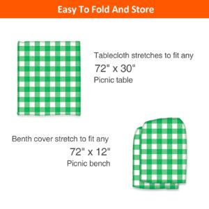 Picnic Table and Bench Fitted Tablecloth Cover, 3 Pack Set, KENOBEE Flannel Backing Elastic Edge Waterproof Wipeable Plastic Cover Fitted Vinyl Tablecloth for Home Goods Outdoor Patio,Green-White