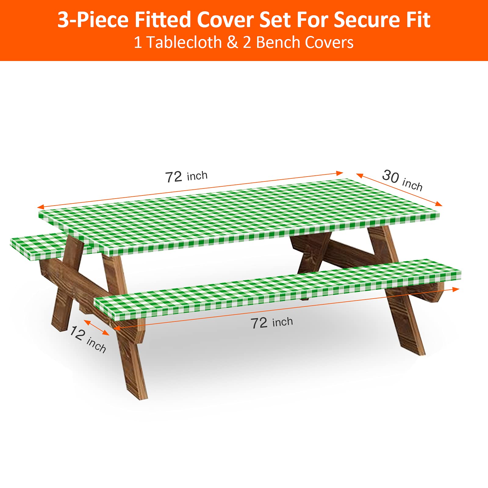 Picnic Table and Bench Fitted Tablecloth Cover, 3 Pack Set, KENOBEE Flannel Backing Elastic Edge Waterproof Wipeable Plastic Cover Fitted Vinyl Tablecloth for Home Goods Outdoor Patio,Green-White