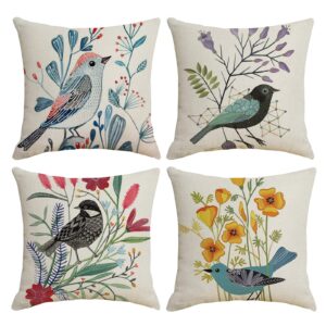 hostecco waterproof throw pillow covers 4 pack outdoor farmhouse linen cushion covers square decorative pillow cases for patio garden, bird 16x16 inches