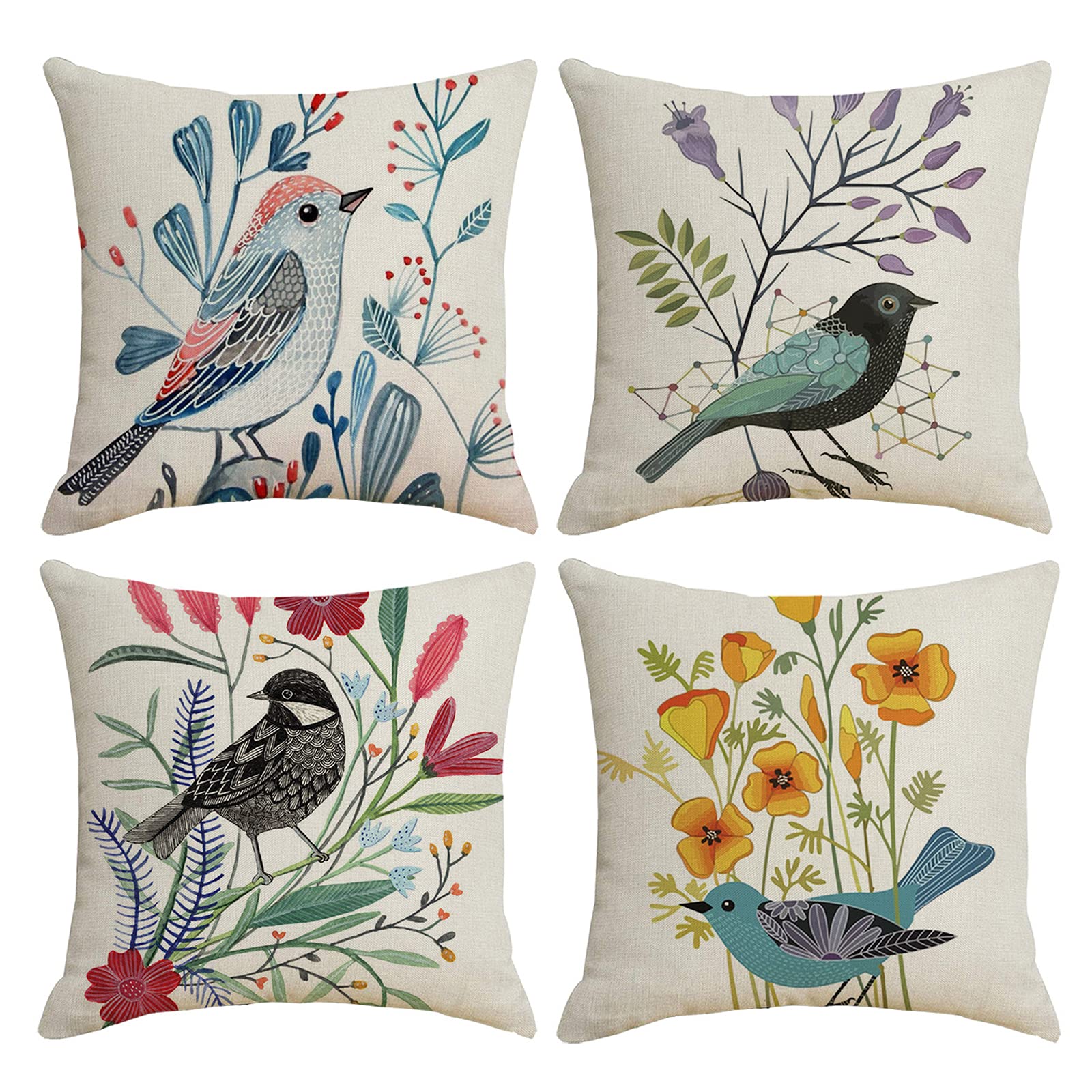 HOSTECCO Waterproof Throw Pillow Covers 4 Pack Outdoor Farmhouse Linen Cushion Covers Square Decorative Pillow Cases for Patio Garden, Bird 16x16 inches