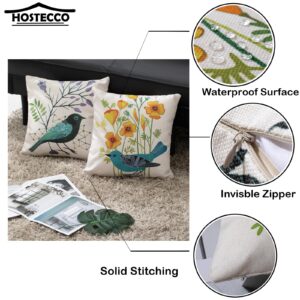 HOSTECCO Waterproof Throw Pillow Covers 4 Pack Outdoor Farmhouse Linen Cushion Covers Square Decorative Pillow Cases for Patio Garden, Bird 16x16 inches