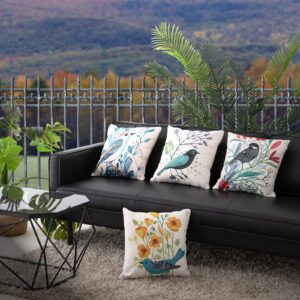 HOSTECCO Waterproof Throw Pillow Covers 4 Pack Outdoor Farmhouse Linen Cushion Covers Square Decorative Pillow Cases for Patio Garden, Bird 16x16 inches