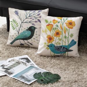 HOSTECCO Waterproof Throw Pillow Covers 4 Pack Outdoor Farmhouse Linen Cushion Covers Square Decorative Pillow Cases for Patio Garden, Bird 16x16 inches