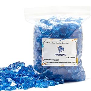 TWINKLING Reflective High Luster Fire Glass,1/2 Inch Fire Pit Glass,Crushed Glass,Broken Glass, Reflective Fire Glass Stones for Fire Pit Fireplace Decoration,10mm,2-Pound Jar (Ford Blue Glass)