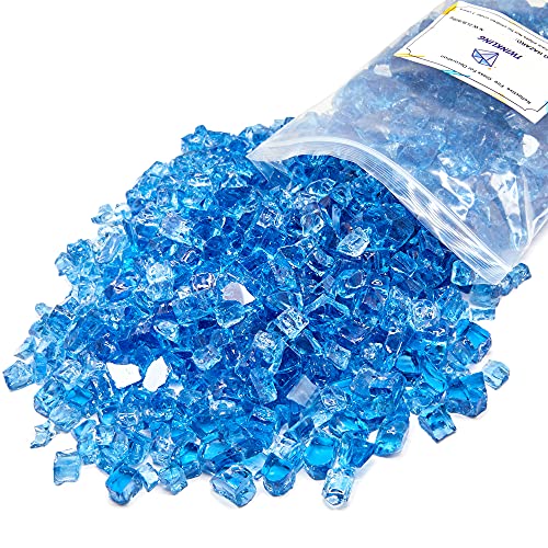 TWINKLING Reflective High Luster Fire Glass,1/2 Inch Fire Pit Glass,Crushed Glass,Broken Glass, Reflective Fire Glass Stones for Fire Pit Fireplace Decoration,10mm,2-Pound Jar (Ford Blue Glass)