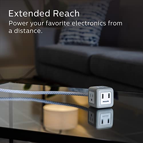 Philips 3-Outlet Cube Cord with 2 USB-A Ports, 10 Ft Extension Cord, Adapter Spaced Outlets, Grounded, Space Saving, Flat Plug, Outlet Extender, Rubberized Finish, ETL Listed, Gray/White, SPS3102WB/37