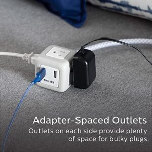 Philips 3-Outlet Cube Cord with 2 USB-A Ports, 10 Ft Extension Cord, Adapter Spaced Outlets, Grounded, Space Saving, Flat Plug, Outlet Extender, Rubberized Finish, ETL Listed, Gray/White, SPS3102WB/37