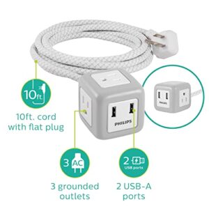 Philips 3-Outlet Cube Cord with 2 USB-A Ports, 10 Ft Extension Cord, Adapter Spaced Outlets, Grounded, Space Saving, Flat Plug, Outlet Extender, Rubberized Finish, ETL Listed, Gray/White, SPS3102WB/37