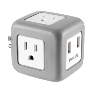philips accessories 3-outlet extender surge protector with 2-usb ports, rubberized cube, extra-wide adapter spaced, easy access design, 3-prong, perfect for travel, 2.4a, 245j, gray, spp3202gr/37