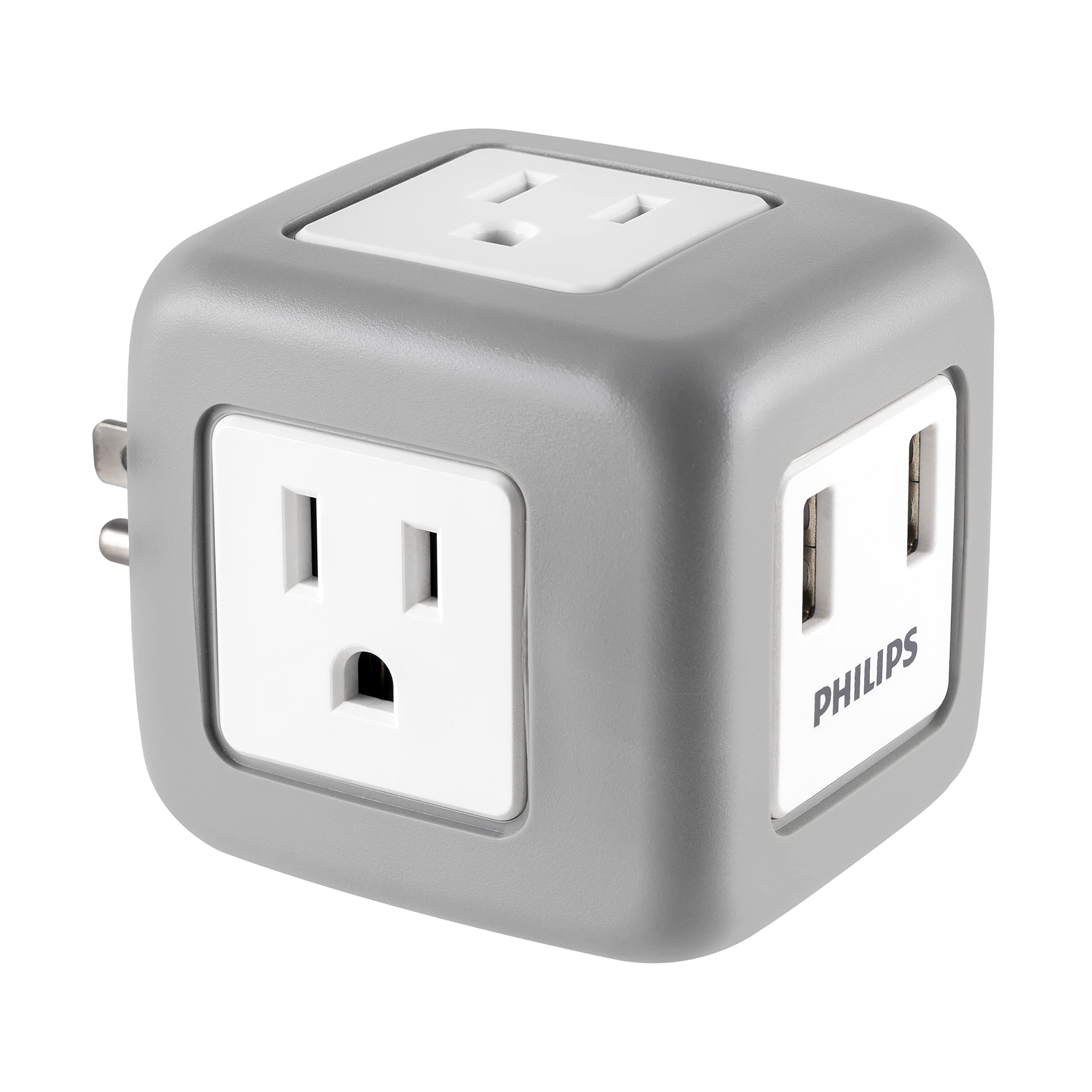 Philips Accessories 3-Outlet Extender Surge Protector with 2-USB Ports, Rubberized Cube, Extra-Wide Adapter Spaced, Easy Access Design, 3-Prong, Perfect for Travel, 2.4A, 245J, Gray, SPP3202GR/37