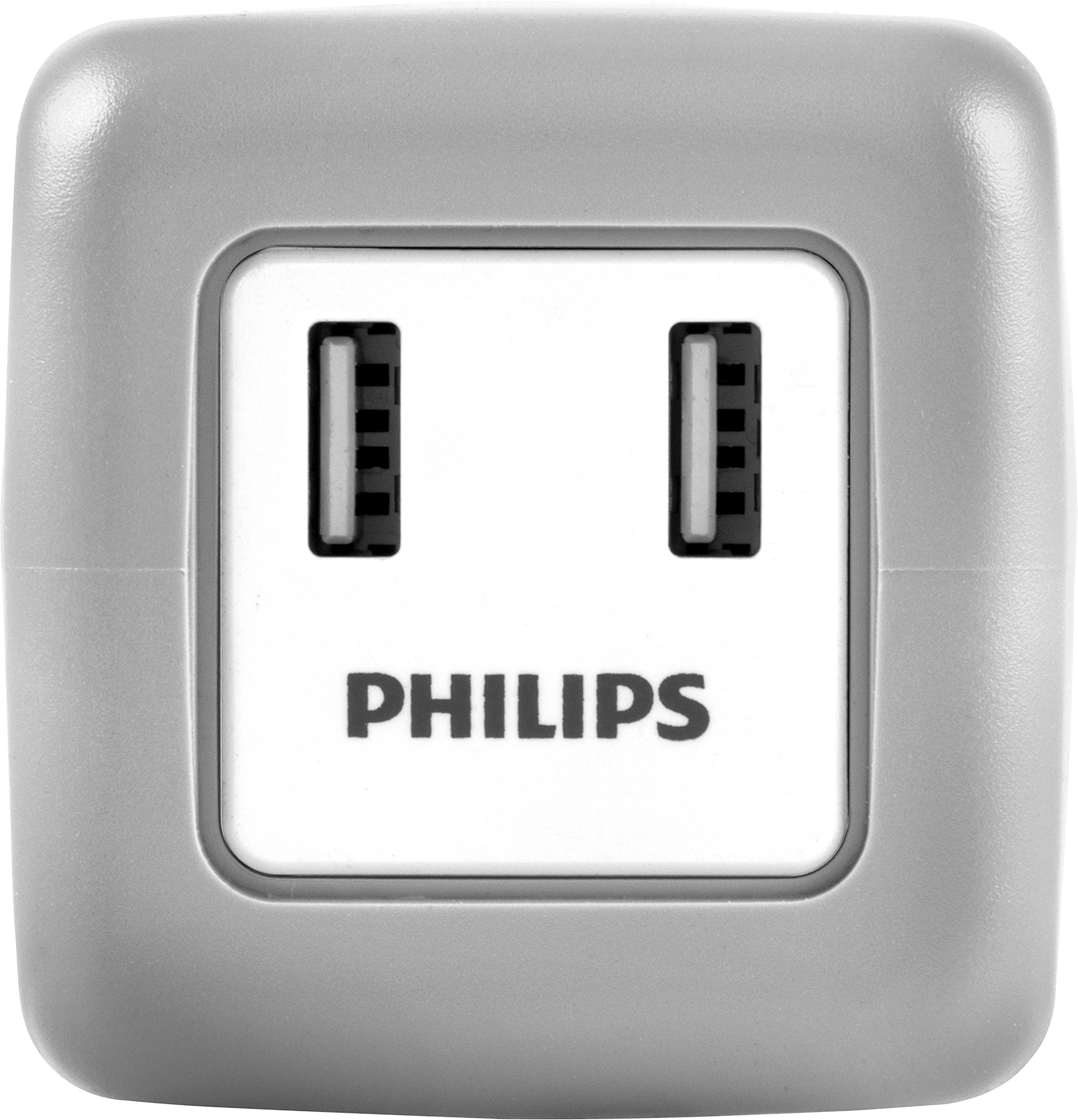 Philips Accessories 3-Outlet Extender Surge Protector with 2-USB Ports, Rubberized Cube, Extra-Wide Adapter Spaced, Easy Access Design, 3-Prong, Perfect for Travel, 2.4A, 245J, Gray, SPP3202GR/37