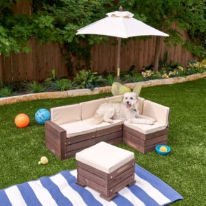 KidKraft Wooden Outdoor Sectional Ottoman & Umbrella Set with Cushions, Patio Furniture for Kids or Pets, Bear Brown & Beige