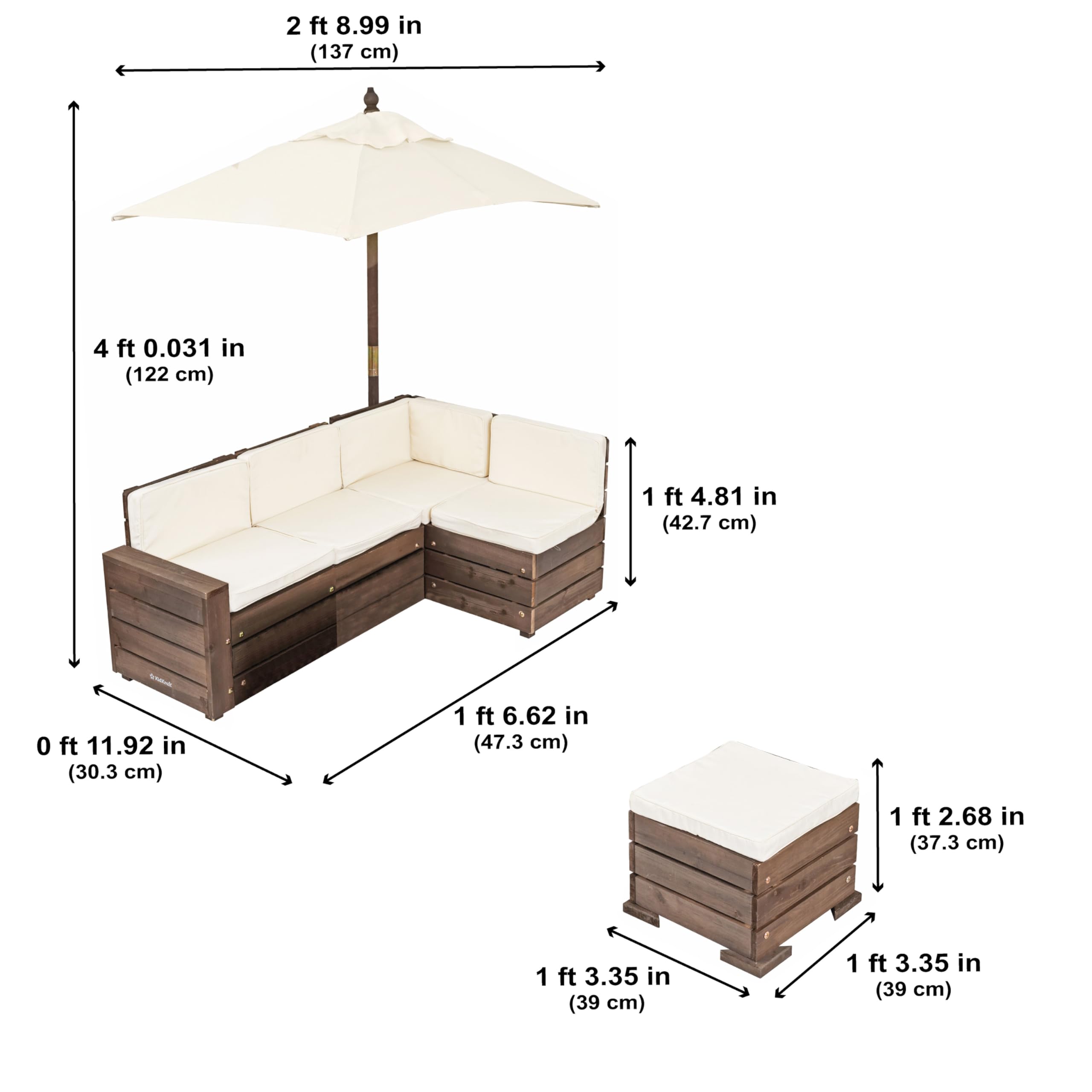 KidKraft Wooden Outdoor Sectional Ottoman & Umbrella Set with Cushions, Patio Furniture for Kids or Pets, Bear Brown & Beige