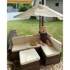 KidKraft Wooden Outdoor Sectional Ottoman & Umbrella Set with Cushions, Patio Furniture for Kids or Pets, Bear Brown & Beige