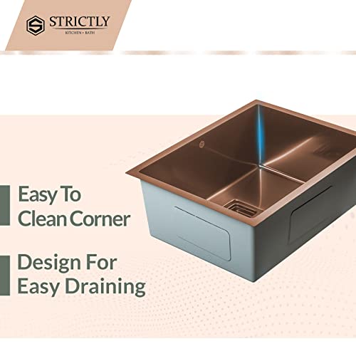 Strictly Sinks 23 Inch Undermount Kitchen Sink – Copper Single Bowl 16 Gauge Stainless Steel Bar Prep Kitchen Sink Scratch & Stain Resistant – With Square Disposal Adapter & Bottom Grid