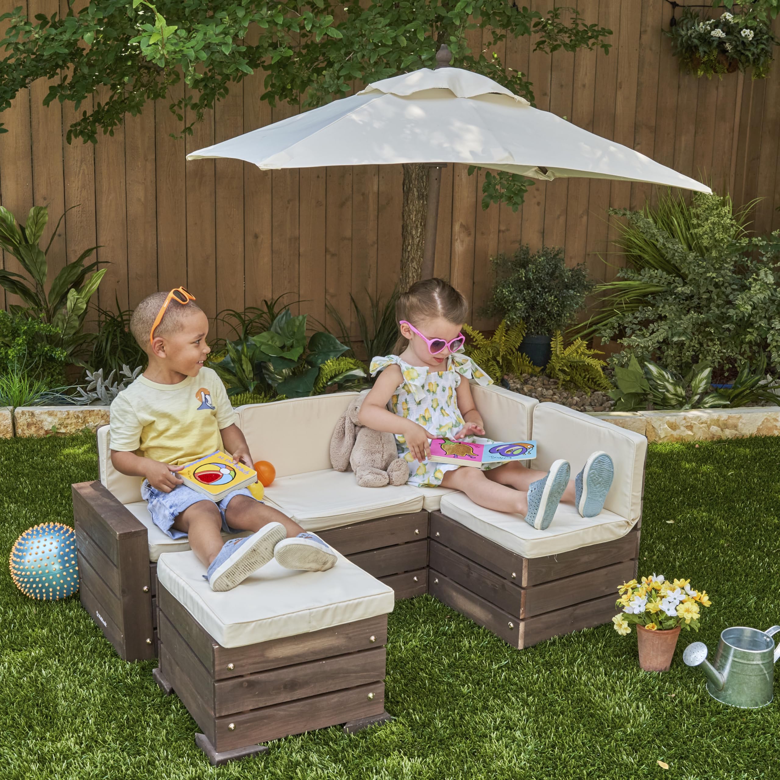 KidKraft Wooden Outdoor Sectional Ottoman & Umbrella Set with Cushions, Patio Furniture for Kids or Pets, Bear Brown & Beige