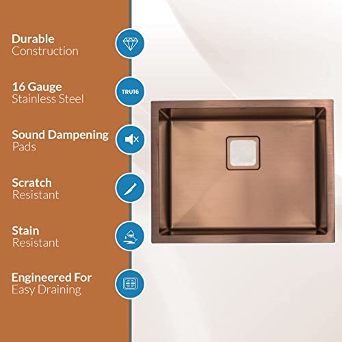 Strictly Sinks 23 Inch Undermount Kitchen Sink – Copper Single Bowl 16 Gauge Stainless Steel Bar Prep Kitchen Sink Scratch & Stain Resistant – With Square Disposal Adapter & Bottom Grid