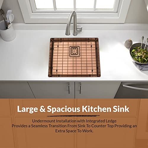 Strictly Sinks 23 Inch Undermount Kitchen Sink – Copper Single Bowl 16 Gauge Stainless Steel Bar Prep Kitchen Sink Scratch & Stain Resistant – With Square Disposal Adapter & Bottom Grid