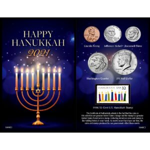 American Coin Treasures Hanukkah Coin Year to Remember 2021 Holiday Card | Genuine United States JFK Half Dollar Coin | 32 Cent Stamp