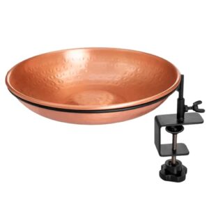 monarch abode 17066 hand hammered deck mounted bird bath feeder bowl detachable outdoor decor for garden backyard patio and deck, 1.75 inch thick iron clamp, pure copper