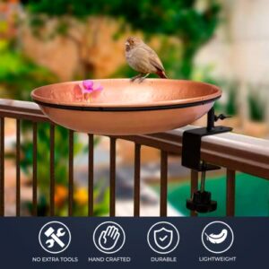 Monarch Abode 17066 Hand Hammered Deck Mounted Bird Bath Feeder Bowl Detachable Outdoor Decor for Garden Backyard Patio and Deck, 1.75 inch Thick Iron Clamp, Pure Copper