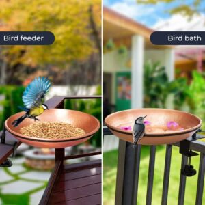 Monarch Abode 17066 Hand Hammered Deck Mounted Bird Bath Feeder Bowl Detachable Outdoor Decor for Garden Backyard Patio and Deck, 1.75 inch Thick Iron Clamp, Pure Copper